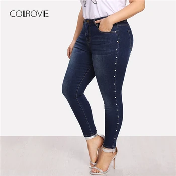COLROVIE Plus Velikost Modri Biseri Biseri Priložnostne Denim Jeans Ženska Jeseni Letnik Žep Suh Ženske Jeans Femme Stretchy Hlače