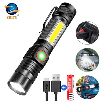 ZHIYU T6 LED Svetilka COB 4 Načini Magnet, Lučka za Kampiranje, ki Delajo 18650 Flash Luči Zoomable Nepremočljiva USB Polnilna Svetilka