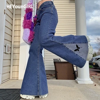 HEYounGIRL Metulja Print Mozaik Flare Jeans Ženska Priložnostne Denim Visoko Pasu Hlače Modni Y2K Dame Joggers Ulične 2020