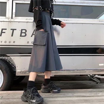 Gothic Črno Sivo Ohlapno Midi Dolgo Krilo Korejskih Žensk, Harajuku Tovor Žep Obroč Pasu Trak Punk Visoko Pasu Ulične Šola