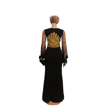 Črna Elastičnost Nove Afriške Dashiki Cvetje Vzorec Tiskanja Obleko Z Dolgimi Rokavi Priložnostne Afriške Obleke Za Ženske Afriki Oblačila