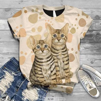 2020 Ženska Tshirts Kratek Rokav 3d Kitty Cat Natisnjeni O-Vrat Vrhovi Tee T-Shirt Blusas Vrhovi Ženske 2020 женские блузки