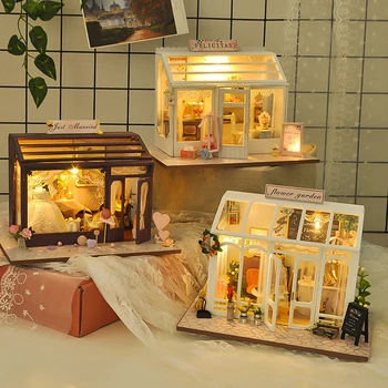 DIY Knjigarna Torto Cvet Trgovina Lesene Lutke Miniaturnega Pohištva Z LED Kompleti Lutka Hiše Zbrati Igrače Otroci Darilo Casa