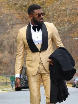 Šampanjec Moških Obleko 3Pcs 2020 Uradno Oblačilo Moški Maturantski Poroko Ženin Tuxedos Slim Fit Moški Obleke Komplet (Jakna+Hlače+Telovnik)