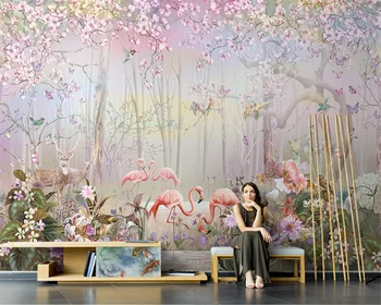 Beibehang Prilagodite nove Nordijske ročno poslikano elk flamingo sanje gozdov dnevna soba zidana TV roza ozadje stene papirjev doma dekor