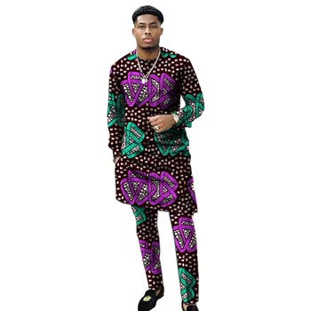Afriška oblačila za moške print set shirt z hlač mozaik Ankara sopihanje garniture po meri poroko obrabe moški formalnih obleke