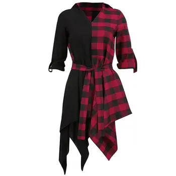 Rosetic Gothic Black Ulične Plus Velikost Rdeče Rokavi Ženske Obleke, Casual Sexy Klub Poletje Kariran Asimetrične Goth Ženska Obleka