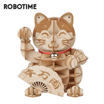 Robotime Srečen Mačka Model 3D Lesene Puzzle GamesToys Za Otroke, Otroci, Dekleta, Darilo za Rojstni dan