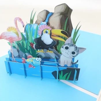 3D Ročno Risani Fllamingo Mačka, ki Ribe Gorskih Potokov Papir Vabilo, voščilnico, Razglednico Prijatelj Rojstni dan Darilo