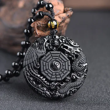 Črni Obsidian Carving Zmaj In Feniks Obesek Yin Yang Srečo, Amulet Ogrlica Za Moške Nakit WomenFine