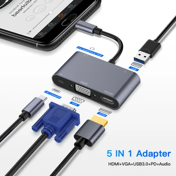 TypeC Tok 5-v-1 Thunderbolt 3 USB Tip C Središče za HDMI VGA, 3,5 mm Jack USB Adapter s Tip-C Moč Dostave za MacBook Pro