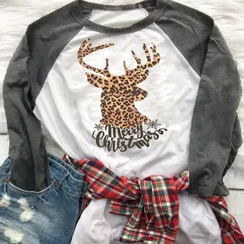 Božič Vrh Leopard Elk Print Majica s kratkimi rokavi Ženske Dolg Rokav Vrhovi Tee Srajce Vesel Božič Tees 2019 Novo Raglan Rokav T-shirt