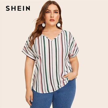 SHEIN Plus Velikost Multicolor Ukrivljen Robom Prugasta Bluzo Vrh Ženske Poletje V Vratu Kratek Rokav Priložnostne Plus Vrhovi in Bluze