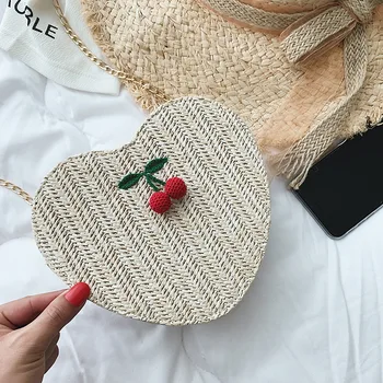 Moda v obliki srca slame torba ženske poletne plaže vrečko ročno tkane rattan torba verige Messenger bag