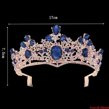 Modra Baročno Royal Queen Zlato Poroko Krono Kristalno Princess Tiara Trakovi 40JF