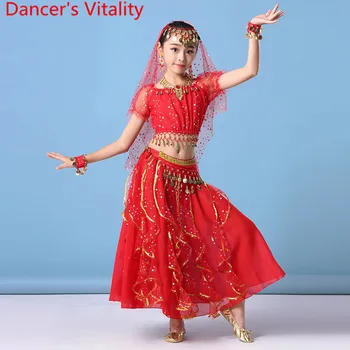 Ples trebuh Praksi Oblačila Novo Otrok Dekleta izrežemo Puff Rokav Vrh Krilo Kovanec Pasu Nastavite Indijski Sari Plesalci Usposabljanje Obleke
