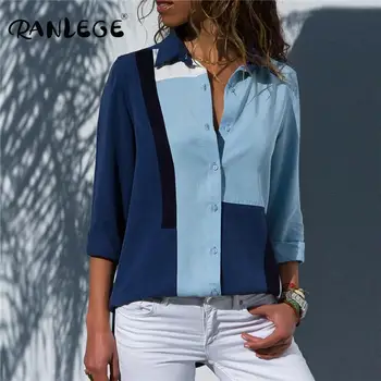 RANLEGE Nov Prihod 2020 Bluzo Ženske Mozaik Long Sleeve Majica Priložnostne Svoboden znižuj Ovratnik Dame Vrhovi Urad Blusas Mujer
