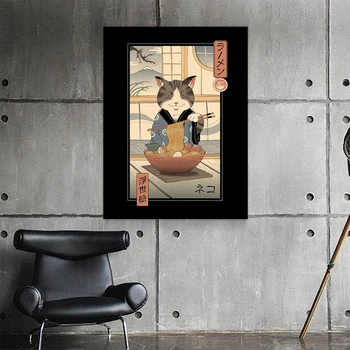 Retro Japonski Mačka Ramen Ukiyo Platno Plakat in Natisne Sliko Sodobne Dom Dekor Slikarstvo Wall Art za Dnevna Soba Dekoracijo