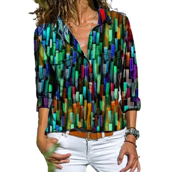 2021 Pomlad Novo Vintage Print Ženske Bluze z Dolgimi Rokavi Prsih Žepi Plus Velikost Geometrijske Tiskanje Majice Ženske 3XL 4XL 5XL