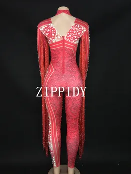 Moda Rdeče Robu Okrasnih Jumpsuit Fazi Bodysuit Praznovanje Plesa Tassel Kostum Dokolenke Ženske, Pevka, Plesalka Obleko