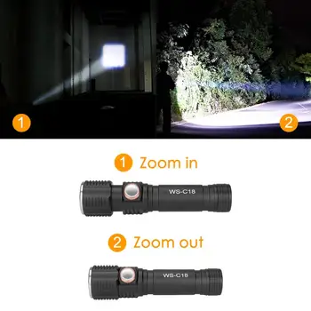 Prenosna LED Svetilka T6 polnjenje prek kabla USB Nastavljiv Zoom Bliskavica delo lučka Lučka za 18650 baterije, za Kampiranje Taktično Svetilko