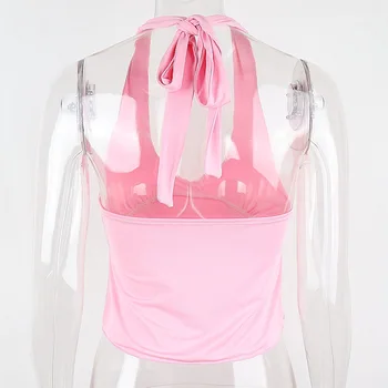 ALLNeon letu 2000 Estetike Roza prepredeni Povodcem Crop Tops Y2K Moda Globoko V Backless Majice Ulične E-dekle Tanki brez Rokavov
