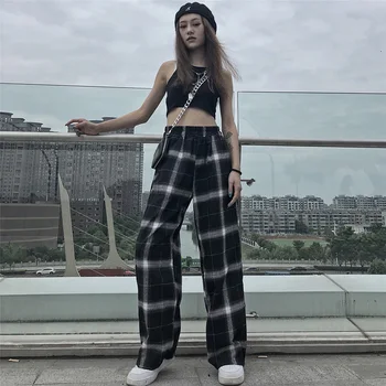 Elastični pas kariran hlače ženske visok pas širok noge Hlače Priložnostne ženski korejski jogger punk hlače ženske obleke gothic