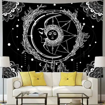 Luna in Sonce Psihedelični Bohemian Mandala Steno, Tapiserija, Črno in Belo Indijski Hipi Nebesnih Tapiserija