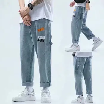 Vrečasta jeans moške poletne trend tanke naravnost devet točke priložnostne hlače hlače za moške, trend širok noge