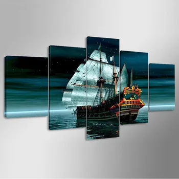 Platno Wall Art Slike Dnevni Sobi Doma Dekor 5 Kosov Piratske Ladje Sea Krajinskega Slikarstva Modularni HD Natisnjen Plakat Okvir