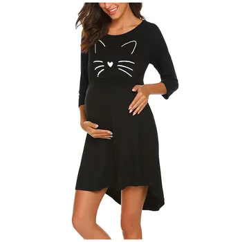 Porodniški Obleko Novo 2020 Nosečnice Dolg Rokav O-vratu Mačka Tiskanja zdravstvene Nege Dojenje Obleko Materinstva Ženske obleke Vestidos
