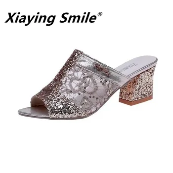 Xiaying Nasmeh Nov modni divje sandali in natikači poleti z ribami usta neto preja debele pete sandala sequins