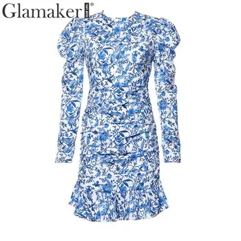 Glamaker Modra cvjetnim tiskanja porcelana obleka Ženske zimske eleganten dolg rokav mini Stranka obleko klub ruffle ženski jeseni obleko