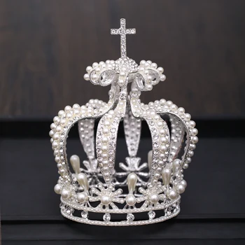Poročne Krono Headdress Baročno Kristalno Pearl Zlato Krono Krog Krono Kraljice Tiara Krono Nakit Stranka, Poročni Dodatki Za Lase