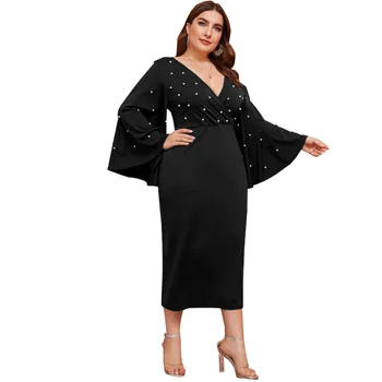 Ženske Obleke 2020 Modni Ženski V Vratu Flare Dolg Rokav Beading Priložnostne Obleko Plus Velikost Maxi Dolge Obleke