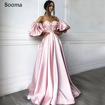 Arabski Roza Satenasto Prom Obleke Izklop Snemljiv Ramenski Rokavi Večerne Obleke 3D Cvetje Beaded A-Linijo Dolgo Formalno Oblek