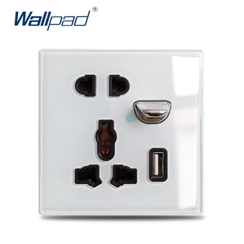 Wallpad L6 EU UK Univerzalno Prešli 5 Lukenj električno Vtičnico USB Polnjenje prek kabla USB Vrata 2.1 Vtičnica Modra LED Indikator Bela Steklena Plošča