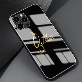Kaljeno Steklo Primeru Telefon Za iPhone Mini 12 11 Pro X XS Max XR SE 2020 7 8 6 6S Plus Zlato Kralj, Kraljica Težko Pokrivajo Coque Funda