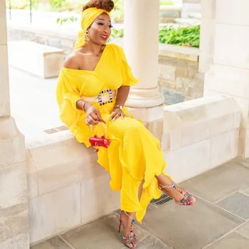 Afriške Stranka Obleko Elegantno Ženske Urad Plus Velikost Dame Ruffle Dolge Obleke z Pasu Headscarf Dashiki Afriki Obleke Poletje