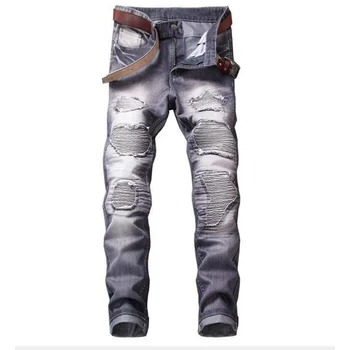 Moda za Moške Casual Kavbojke, Prevlečeni Slim Naravnost Naguban Biker Jeans Hlače Moški Traper Hlače Priložnostno Plus Velikost Petih barvah