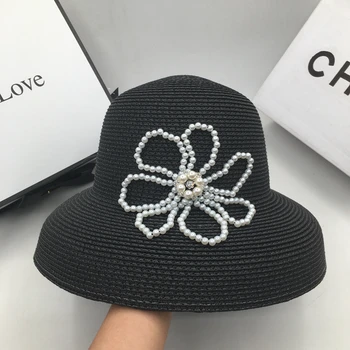 Sunhats Črno elegantno Audrey Hepburn pearl cvet bazena klobuk kažejo obraz malo ins veter beach resort je preprečiti vedro klobuki