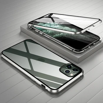 Magnetni Absorpcije Kovin Flip Mobilni Telefon Primerih Za iPhone11 Pro Max X 7 8Plus XS MAX Xr Primeru Jasno Varnostno Kaljeno Steklo Pokrova
