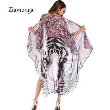 Ziamonga Poletje Prevelik Obleko Cvetlični Tiger Živali Tiskanja Šifon Obleke Dolgo Nazaj Kratko Odprite Prednji Vbod Kimono Plaža Obleko