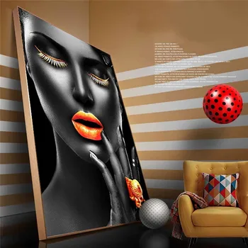Črna Dekleta, Ličila Platno Umetnosti Plakatov In Fotografij Seksi Ustnice Golden Platna Slike Na Steni Afriške Umetnosti Slike Doma Dekor