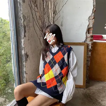 Ženski Puloverji Japonski Kawaii Ulzzang Letnik College Barvo Rhombus Pulover Ženske korejski Harajuku Oblačila Za Ženske