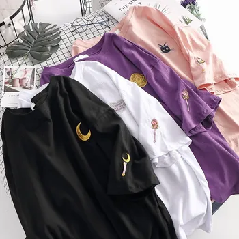 Harajuku Ulzzang Sailor Moon T Shirt Vrhovi Ženske Sumemr Svoboden Slog Luna Luna Mačka Vezenje Tees Majica Ulične Tumblr