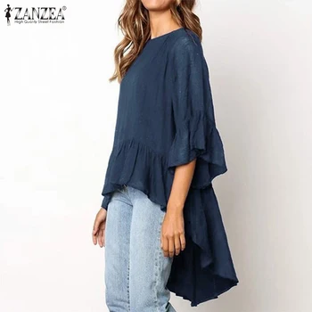 Asimetrični Ruffles Vintage Moda Priložnostne Svoboden Bluze ZANZEA Ženske Flare Rokav Shirt O-Vratu Trdna Srajca Plus Velikost 5XL