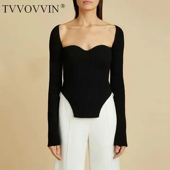 TVVOVVIN 2020 novo pomlad seksi stilom sqaure polno ovratnik, rokavi pletenje puloverju seksi slim T-shirt ženski top 6NI8