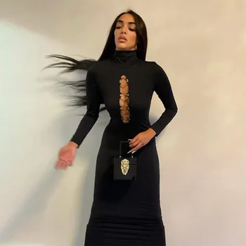 BIIKPIIK Votlih Iz Seksi Ženske Obleke z Dolgimi Rokavi Jeseni Trdna Elegantno Črno Obleko Ženski All-Ujemanje Oblačila Suh Obrabe