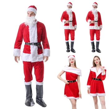 2020 Božič Ženske Moški Božiček Obleko Visoke Kakovosti Xmas Party Obleke, Kape Brado Vrhovi, Hlače, Čevlji In Pasu 6PCS